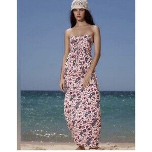Zara Long Strapless Floral Print Dress Sweetheart Neckline Maxi Boho Size XL